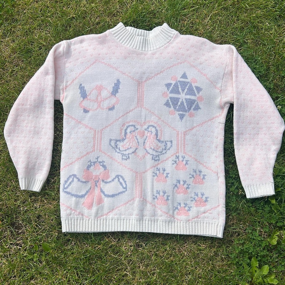 Vintage Christmas Sweater Cottage Goose Pink Geese Granny Grandma 80s Dots Jolie